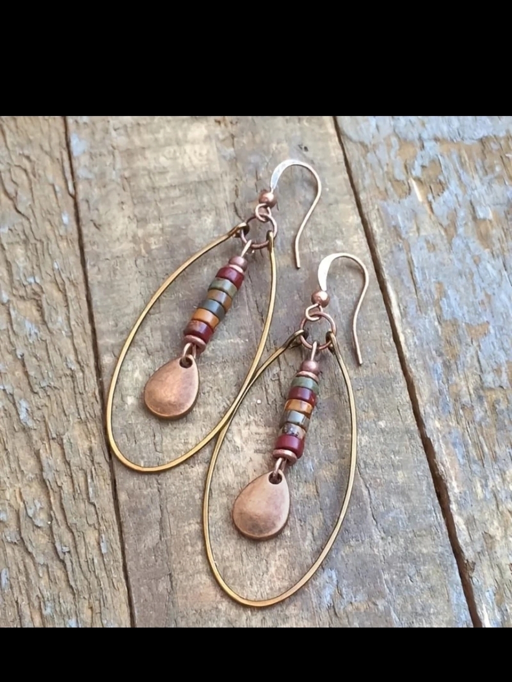 Copper Teardrop Earrings with Red, Green, Blue & Brown Beads
